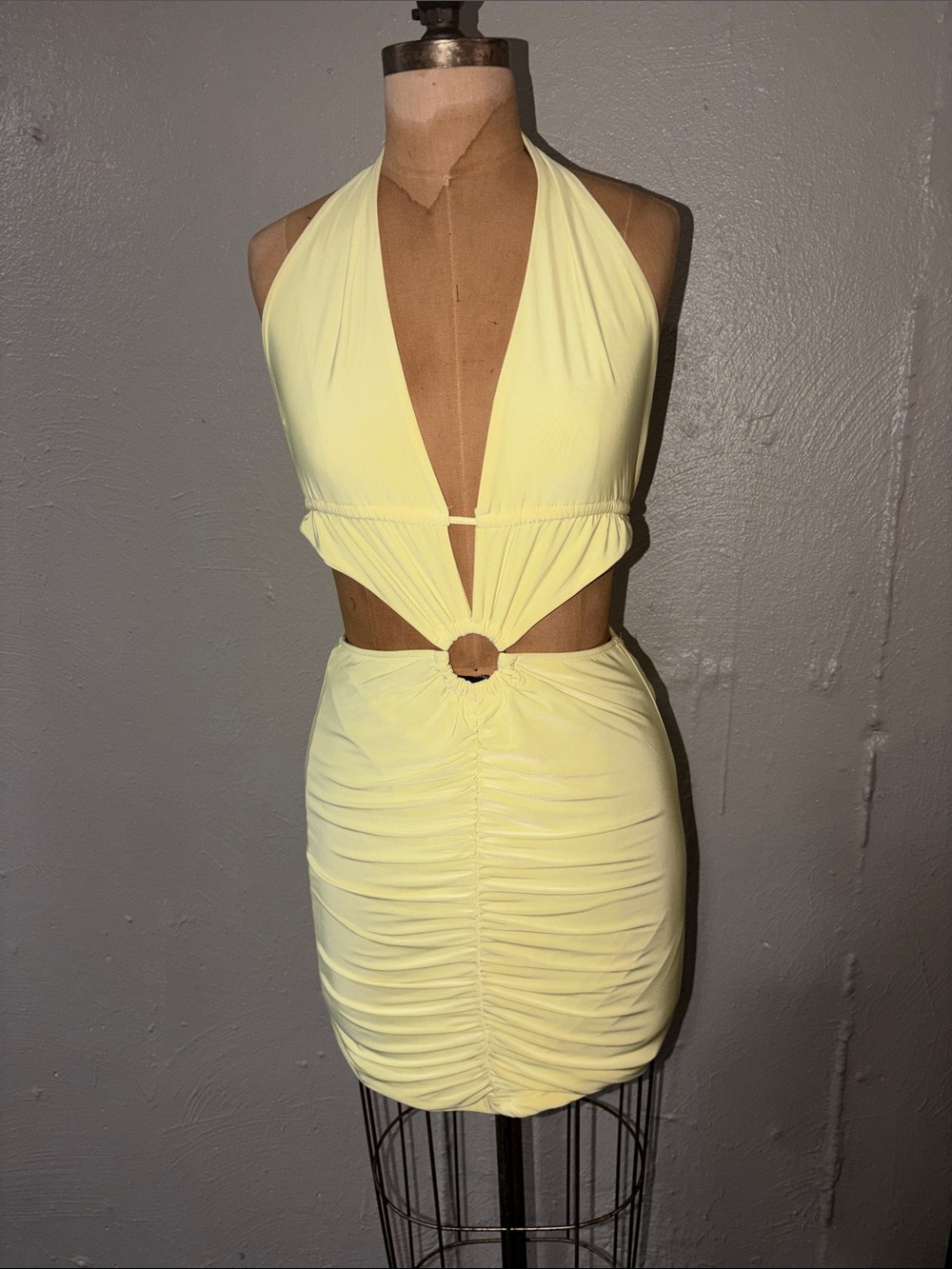 Forever 21 Pale Yellow Halter Cutout Ruched Mini Dress